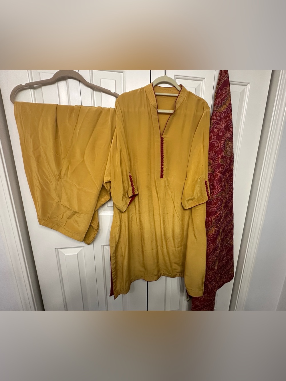 Mustard Yellow Ethnic Kurta Set with Red Trim. Crepe Silk fabric 26”